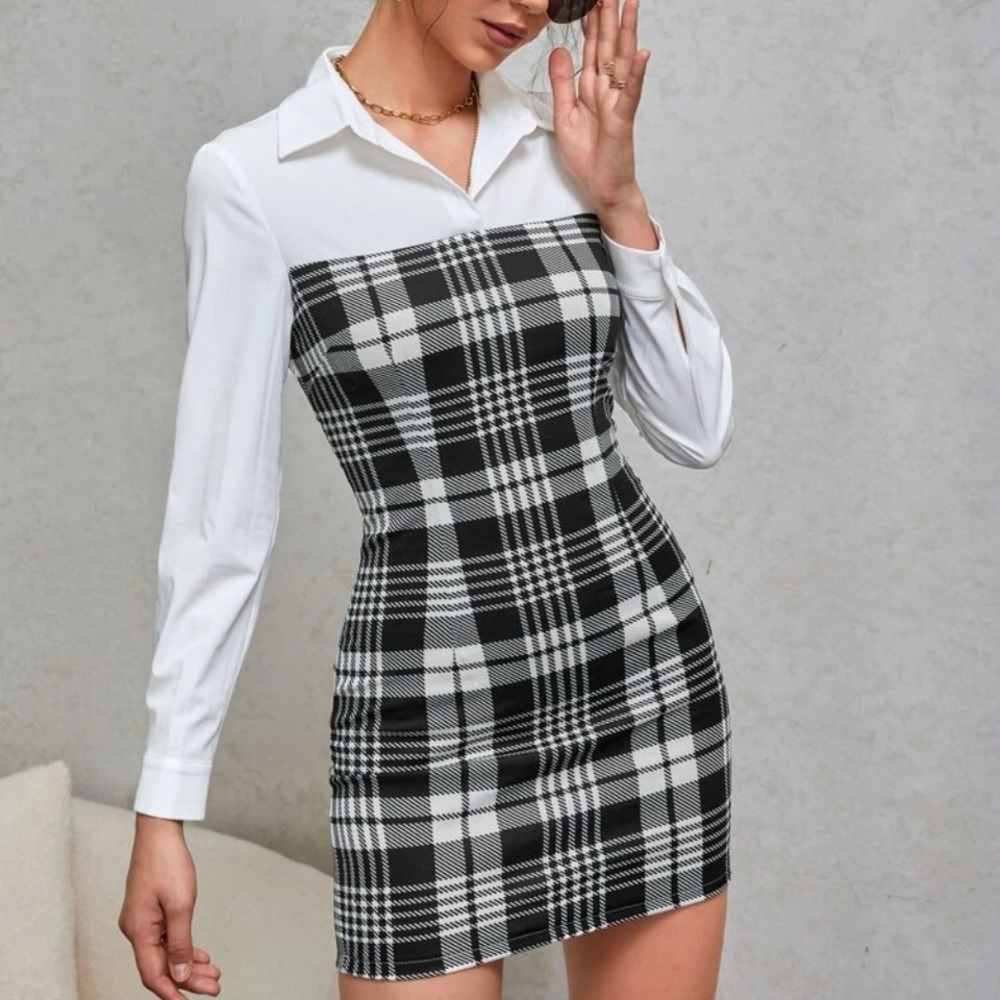 ✰ ɴᴇᴡ | black & white plaid collard dress